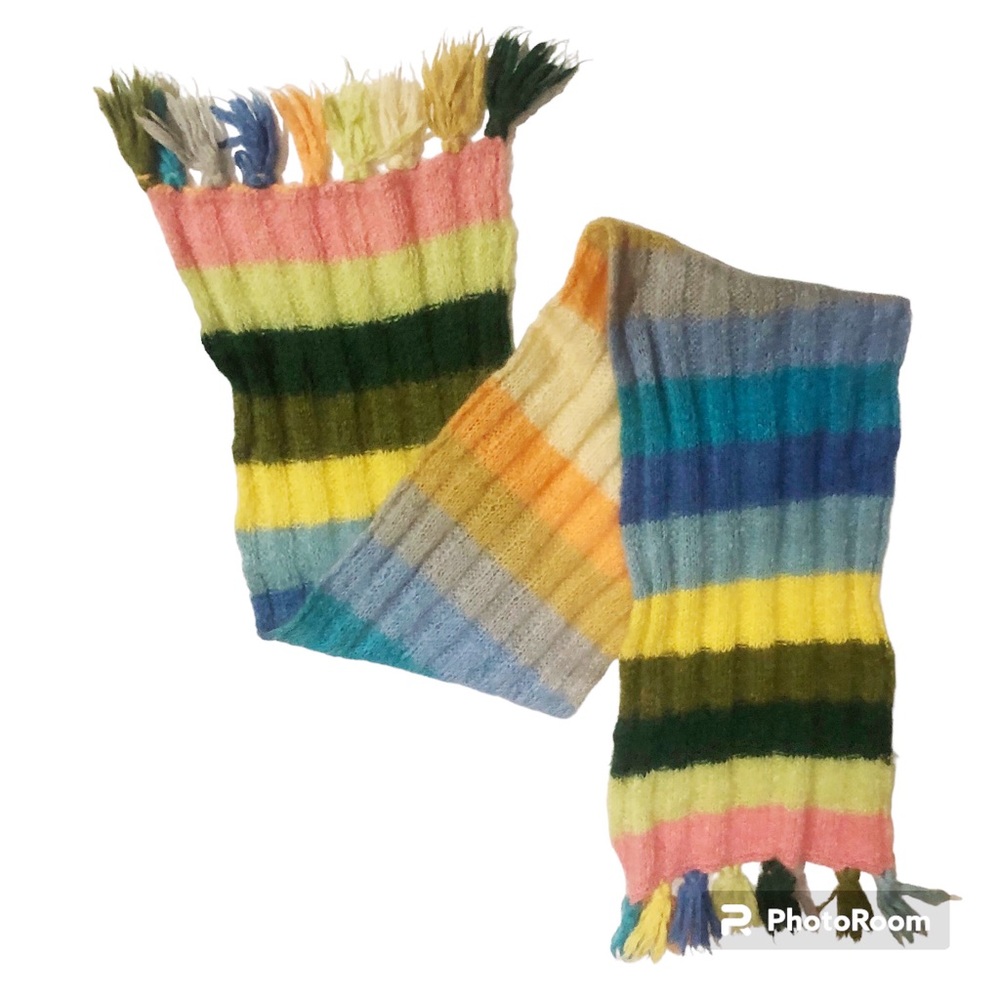 Hand knit fuzzy & warm rainbow striped tasseled scarf